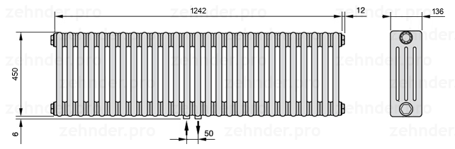 Схема (чертеж) Радиатор Zehnder Charleston 4045/27 №3470 Белый глянцевый RAL 9016